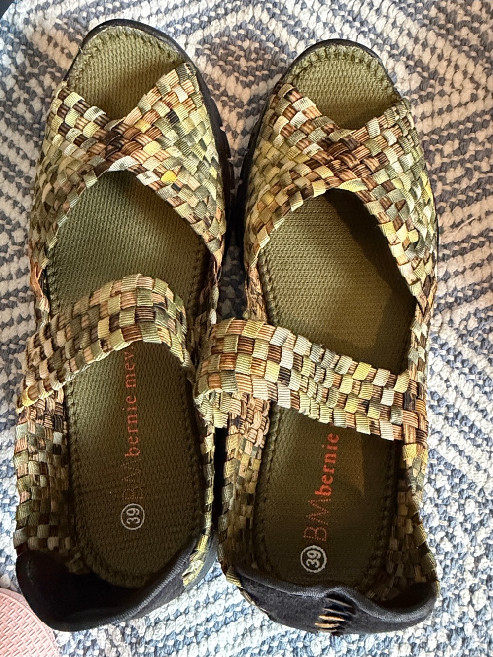 bernie mev. Olive Green Woven Mary Jane Mules with Tan & Brown Accents